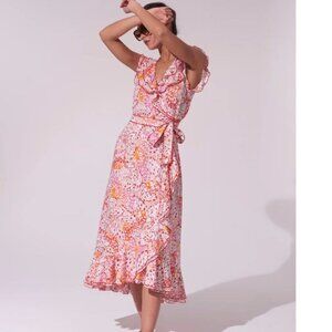 Poupette St. Barth Aude Midi Wrap Dress Ruffled Orange Ailes Butterfly Print S